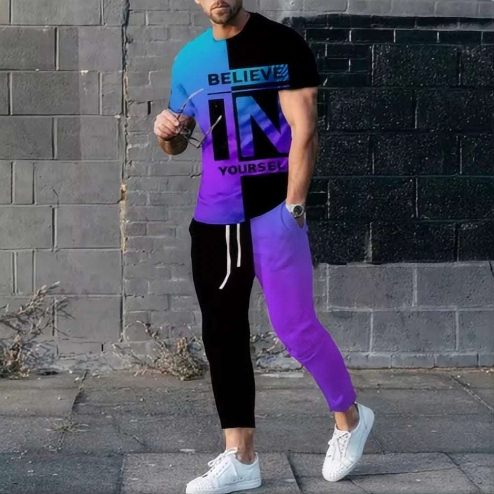 Summer fashion  men's T-shirt pants sportswear believe in yourself 3D printed T-shirt pants set 2-piece streetwear oversized