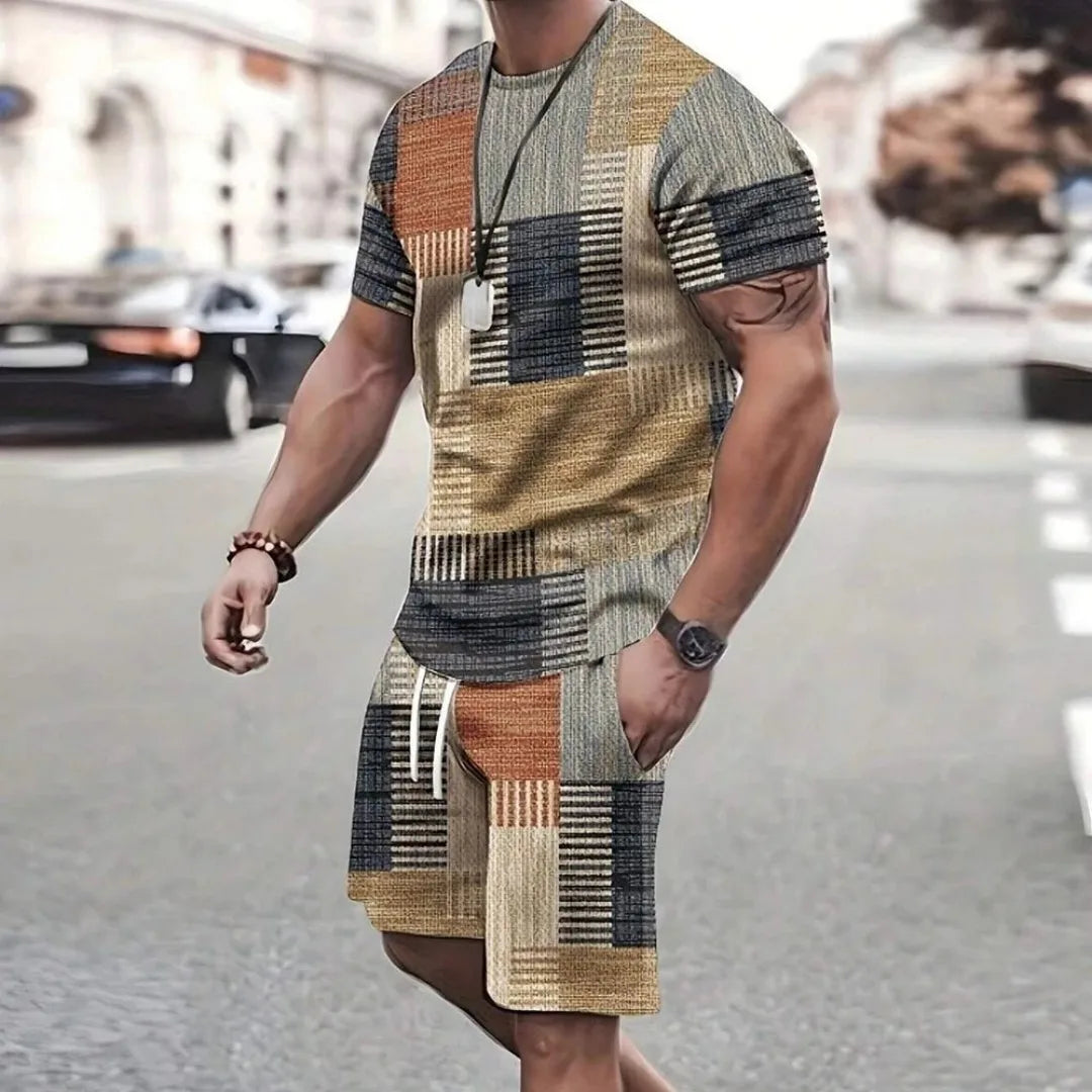 Fashion Men's sports shorts Short sleeve T-shirt style casual shorts set Retro cool breathable and two piece set