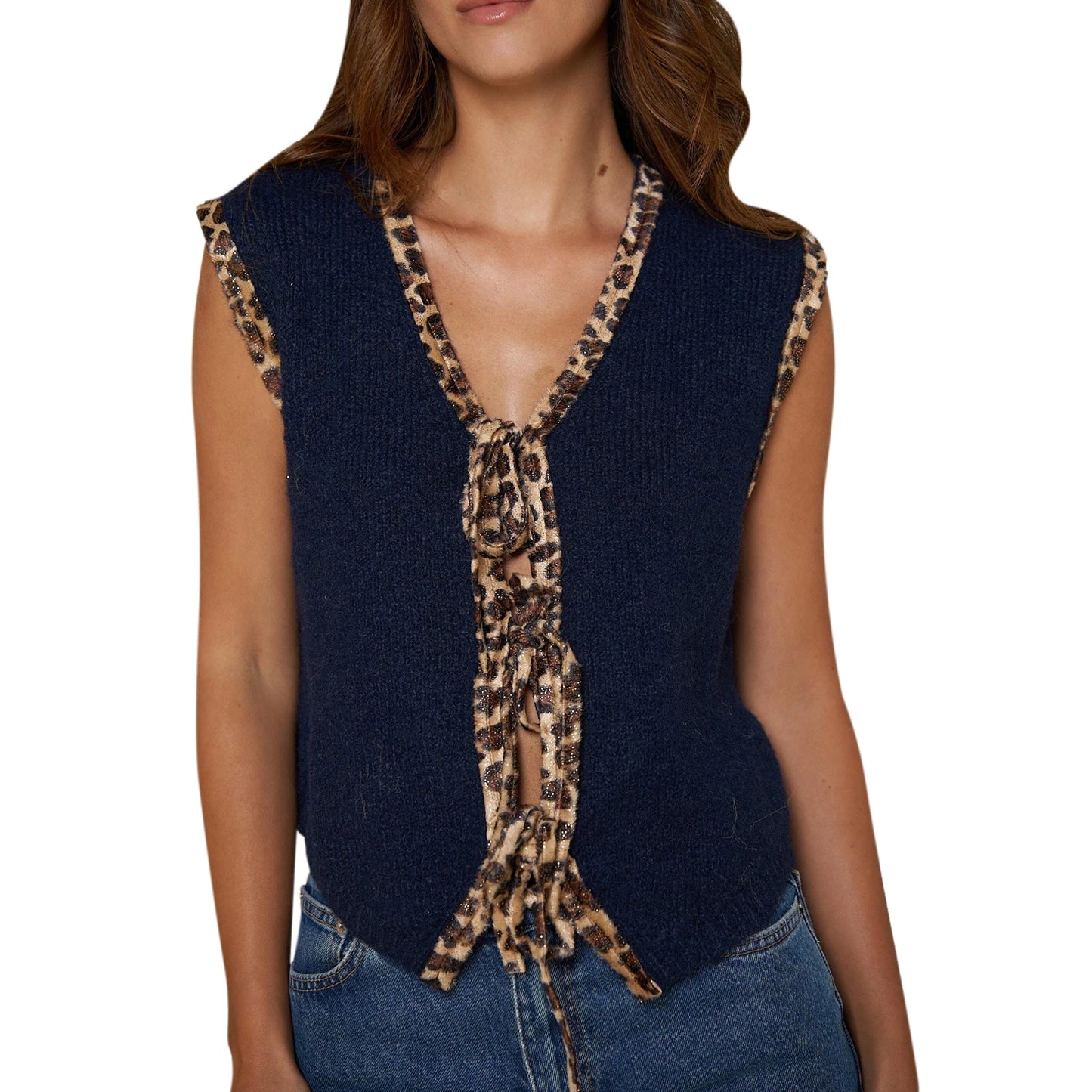 Women s Sleeveless Knit Sweater Vest with V Neckline and Leopard Print Patchwork Casual Tie-up  for a Stylish Look