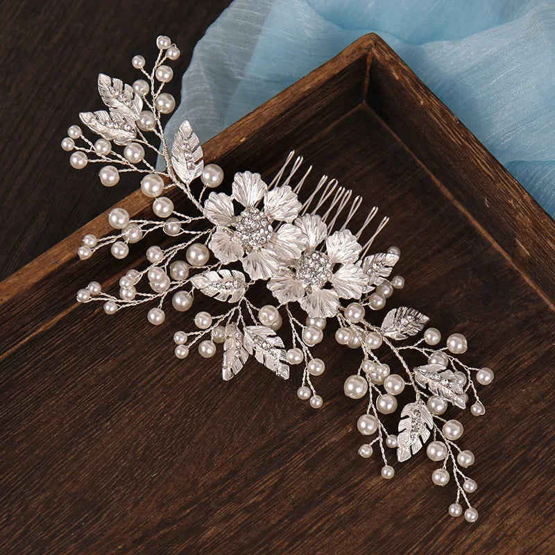 Silver Color Flower Pearl Rhinestone Hair Comb Headband Hair Accessories For Women  Headband Hair Jewelry