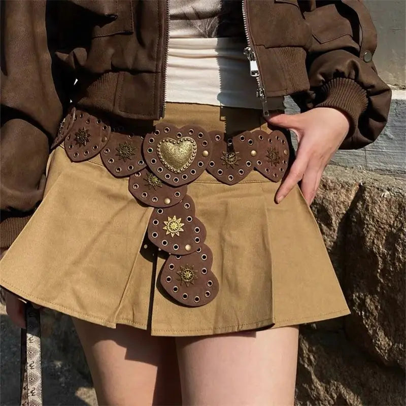 American retro Western cowboy style heart belt decoration  street style fashion metal rivet belt width