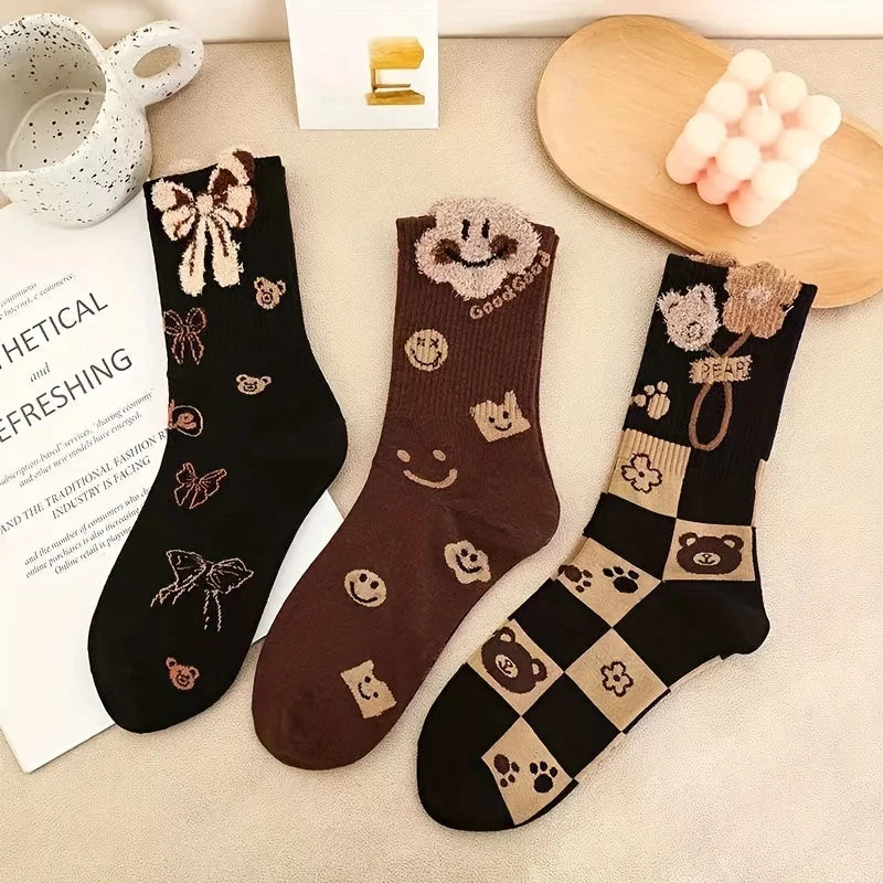 5 Pairs Of Latte Color Pattern Women's Socks, Comfortable And Versatile Mid-calf Socks