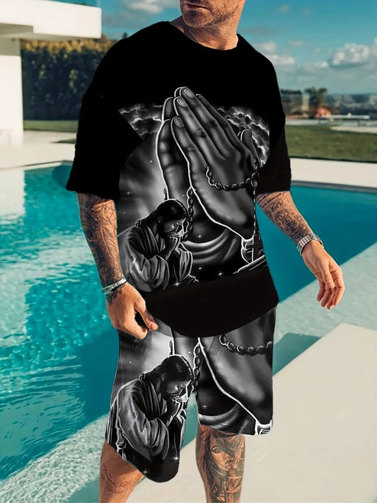 2-Piece Men's Praying Hands 3D Graphic Clothing Set - Short Sleeve T-Shirt and Fashion Shorts