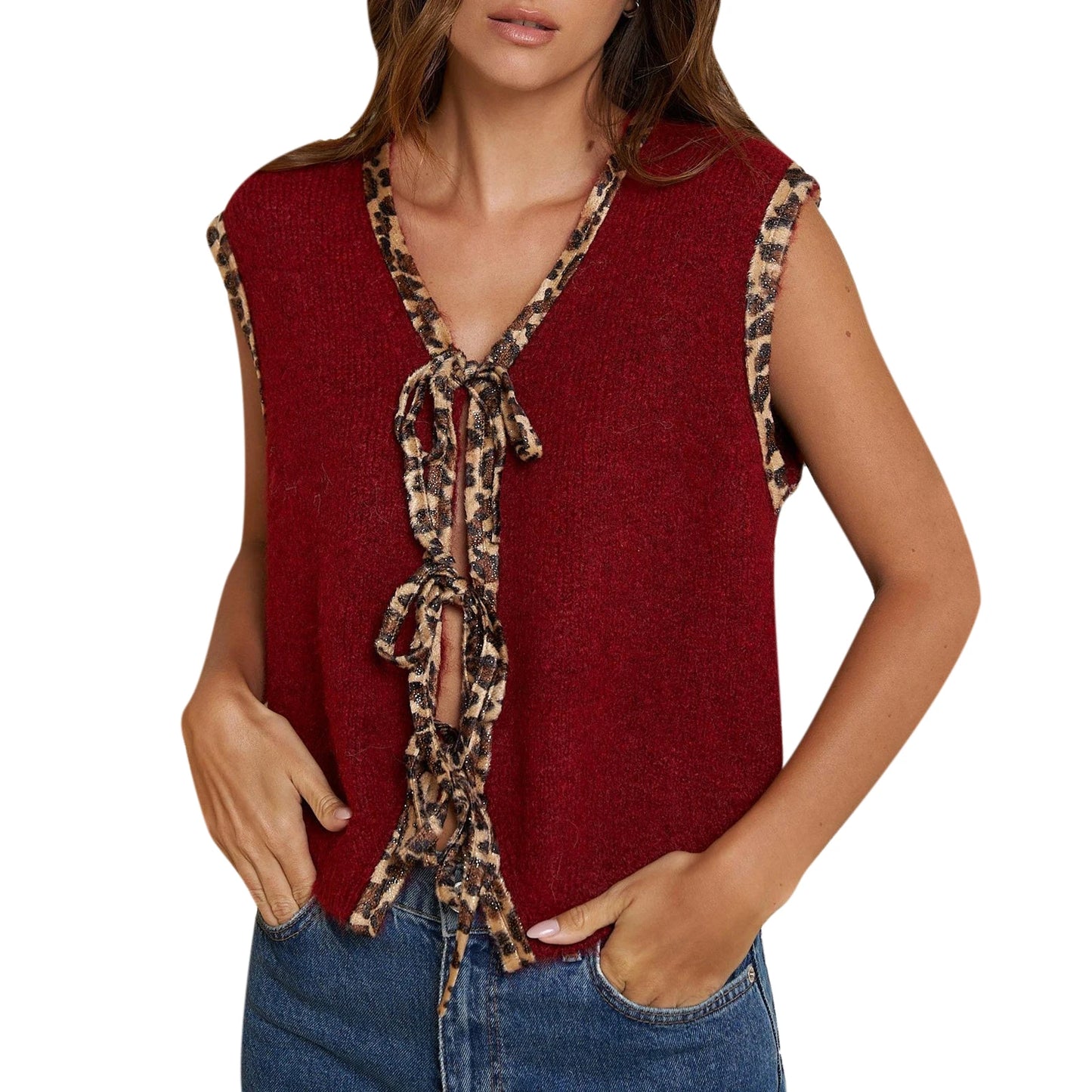 Women s Sleeveless Knit Sweater Vest with V Neckline and Leopard Print Patchwork Casual Tie-up  for a Stylish Look