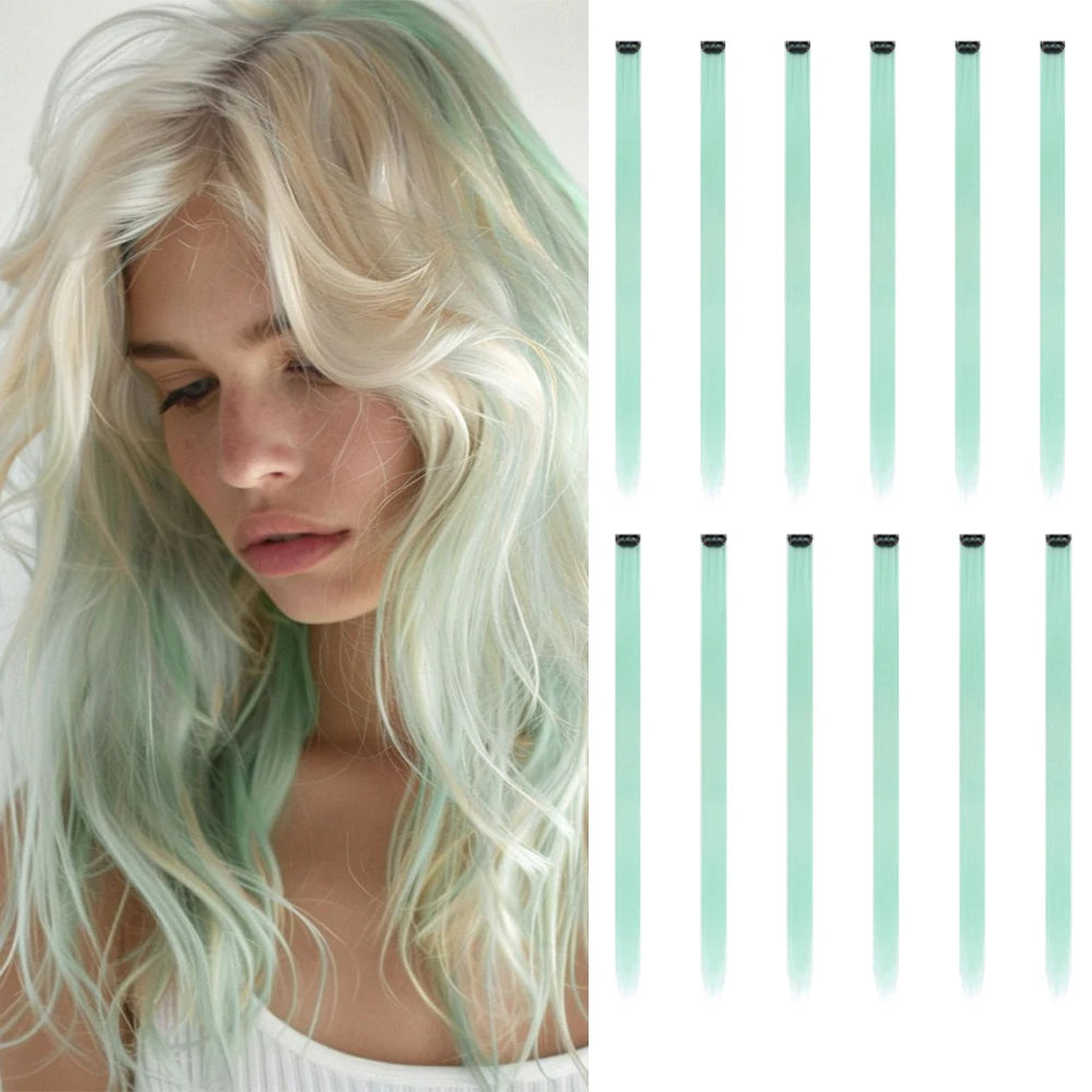 22 inches12pcs/pack Colored Party Synthetic Clip in Hair Extensions  Multi-colors Straight Hair Synthetic Hairpieces
