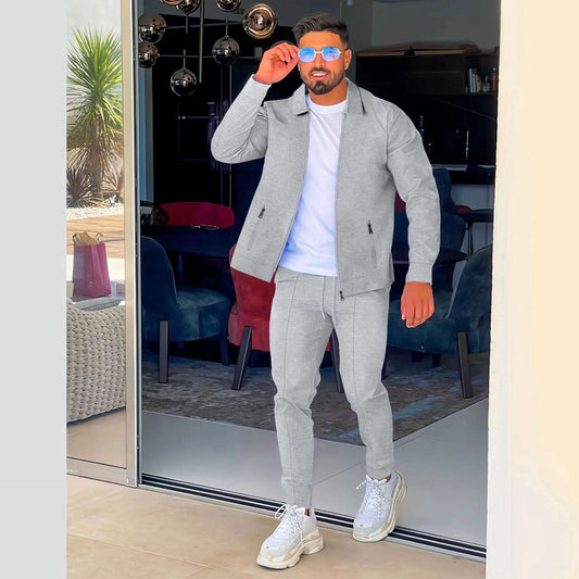 AliExpress Amazon cross-border Spring and Fall zipper pocket lapel trend jacket pants men's sports street suit