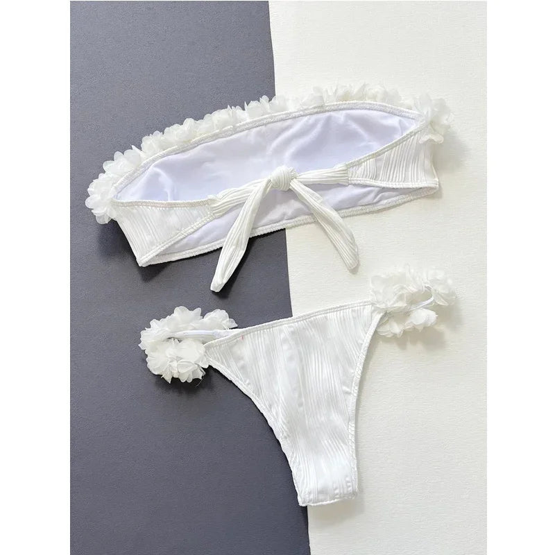 Lace Ruffle Swimsuit Women  Strapless Backless Bikini Set White High Waist Swimwear