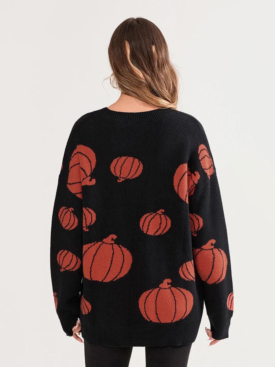 Women Halloween Knit Sweater Long Sleeve Round Neck Pullovers Fall Winter Casual with Spooky Vibes