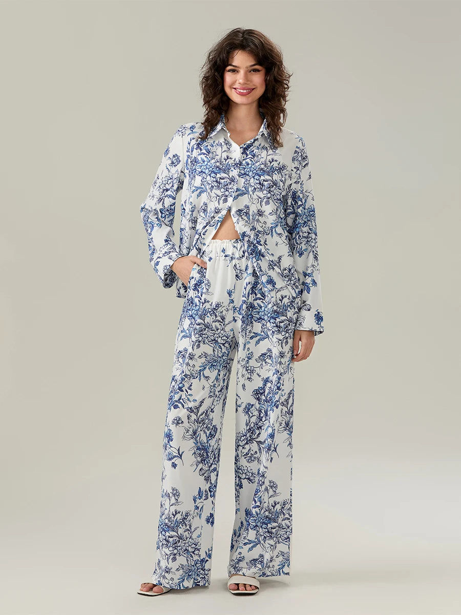 Women s Elegant Floral Print Pajama Set with Lapel Neckline Button-up Long Sleeve Top and Long Pants - Comfortable 2-Piece