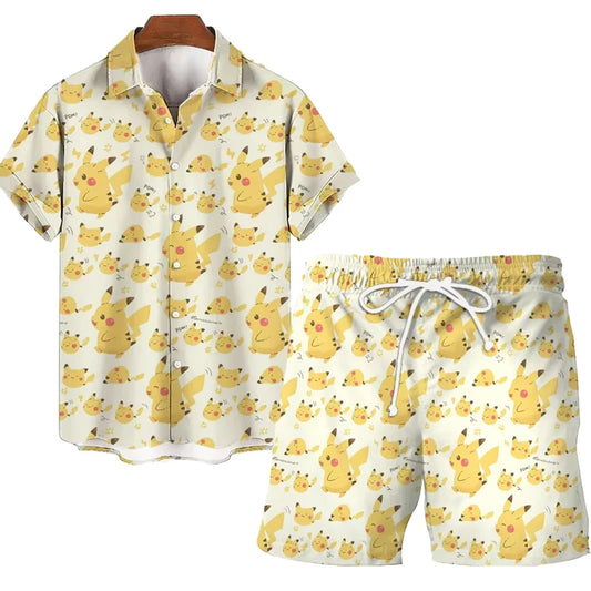 MINISO Pokemon Pikachu Men's Short-sleeved Shirt Beach Shorts Set Men's Summer Street Fashion Men's Casual Hawaii Shirt Suit