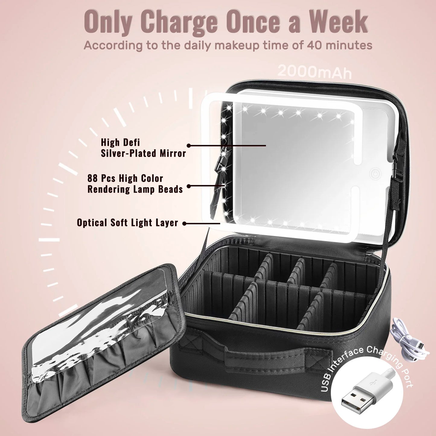 Travel Makeup Bag With LED Lighted Mirror, Makeup Case With Adjustable Dividers