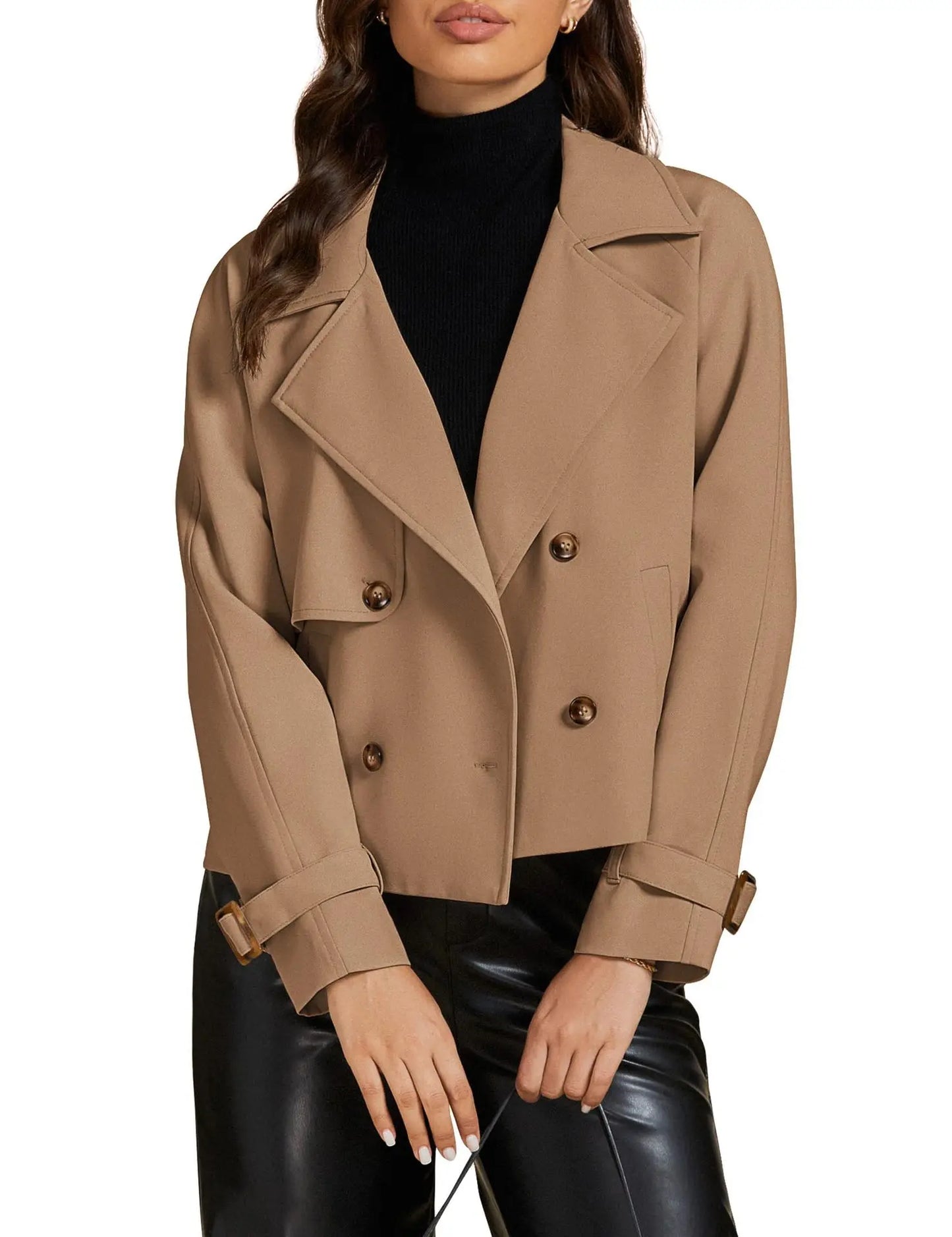 Cropped Trench Coat for Women Long Sleeve Double Breasted Notched Lapel Casual Loose Fit Jackets with Pockets