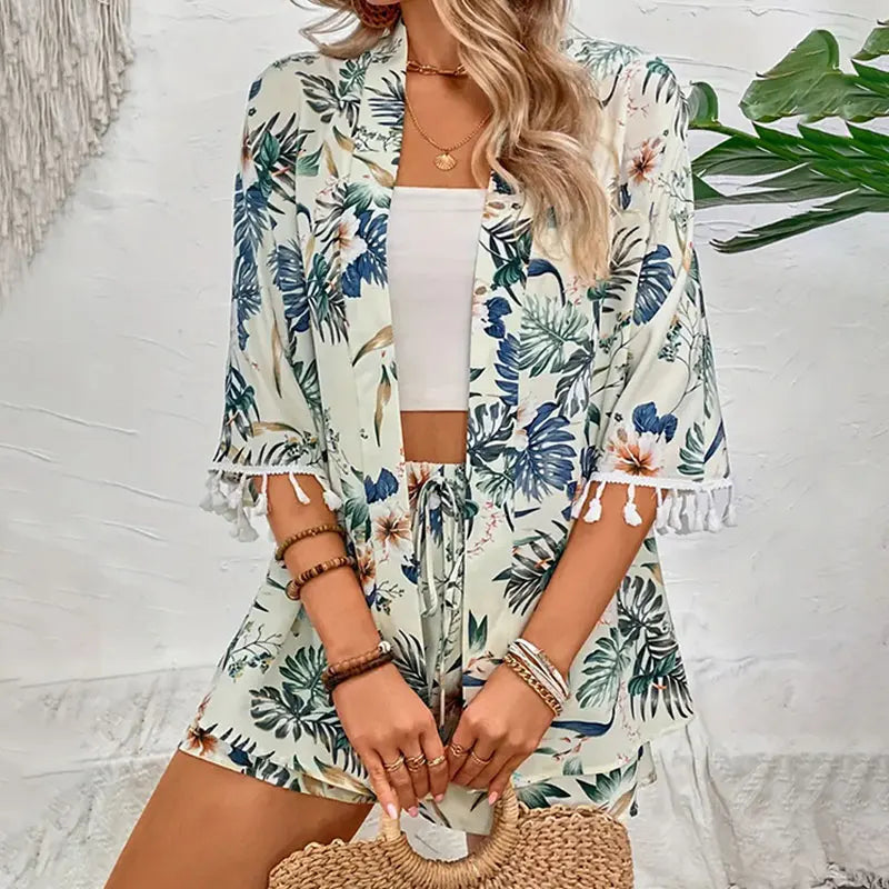 Two Piece Set For Women Open-front Cardigan Smock Flower Printed Beach Shorts Summer Suits