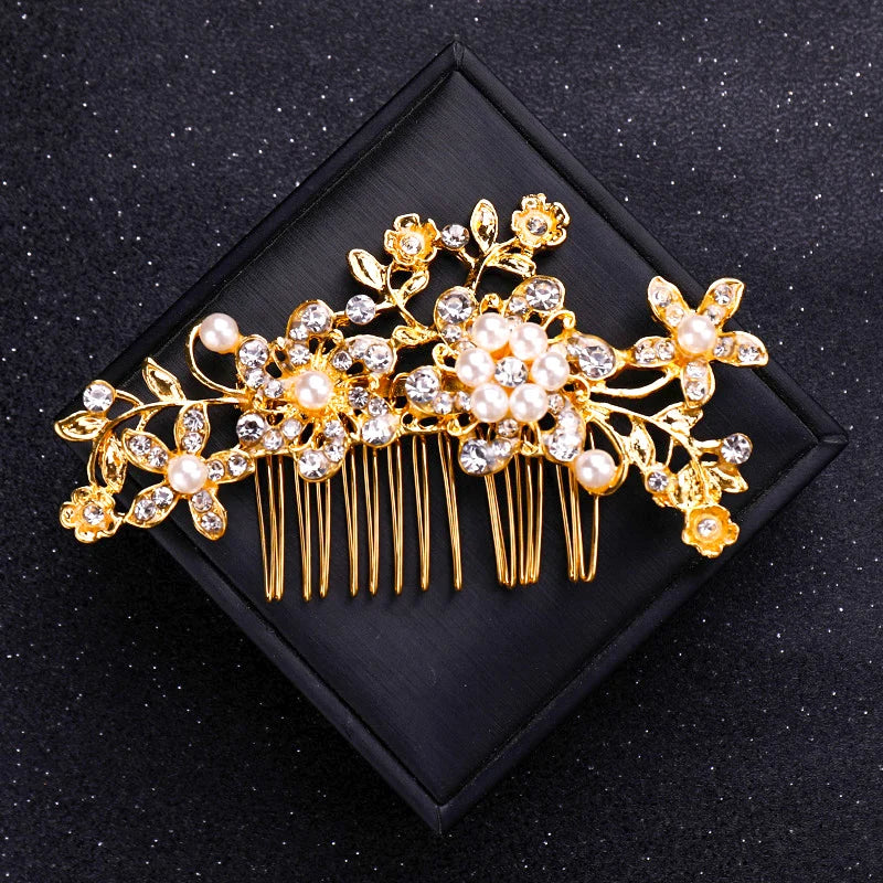 Gold Color Crystal Pearl Hair Comb Headband For Women Bride Party Bridal Wedding Hair Accessories Jewelry Comb Headband