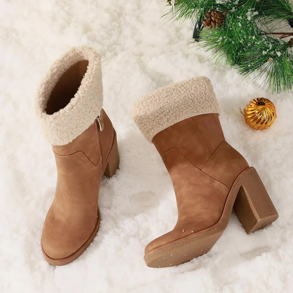 Boots Comfortable Side Zipper Mid Chunky Heel Suede Warm Fur Snow Ankle Boot