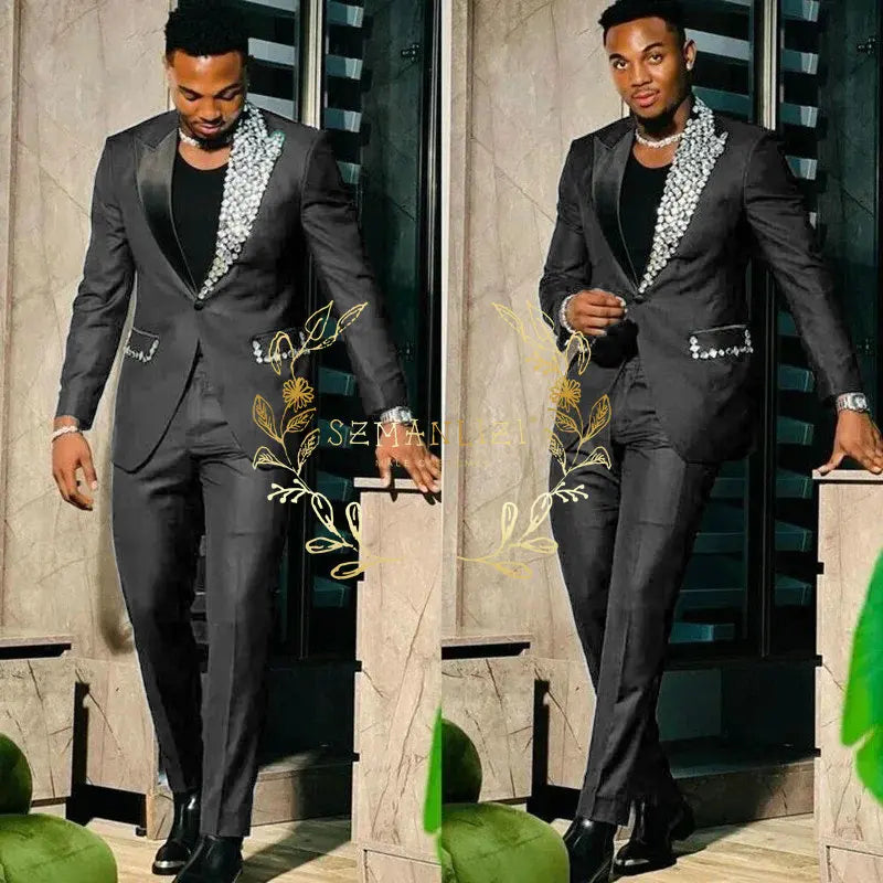 Suits for Men Slim Fit Single Breasted Peak Lapel Blazer High Quality Crystal Prom Party 2 Piece Jacket Pants Sets Terno