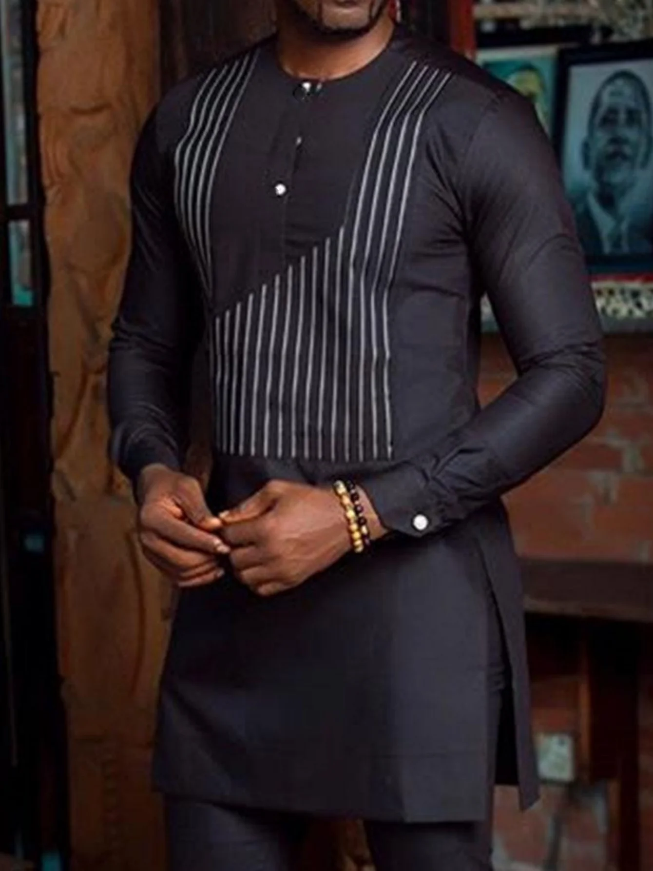 Men's  Wedding 2-Piece Suit Waist Pants Shirt Solid Color Panel Long Sleeve Party African Ethnic Style Clothing