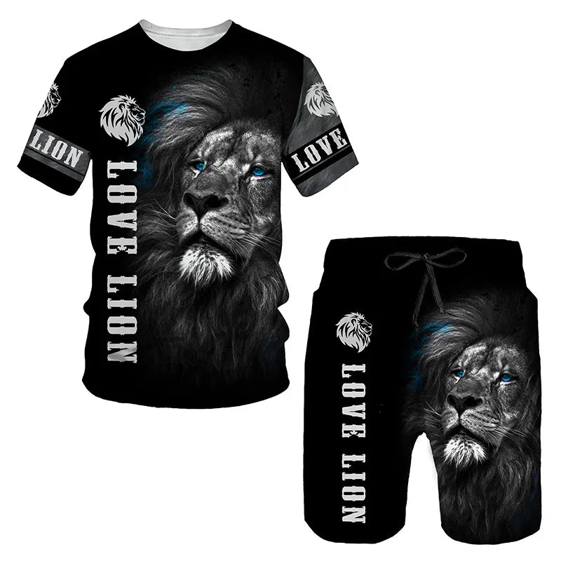 Ferocious Lion Summer Tracksuit Set 3D Printed Casual Men's T-shirt Shorts Male Sportswear Short Sleeve 2 Pieces Clothing Outfit