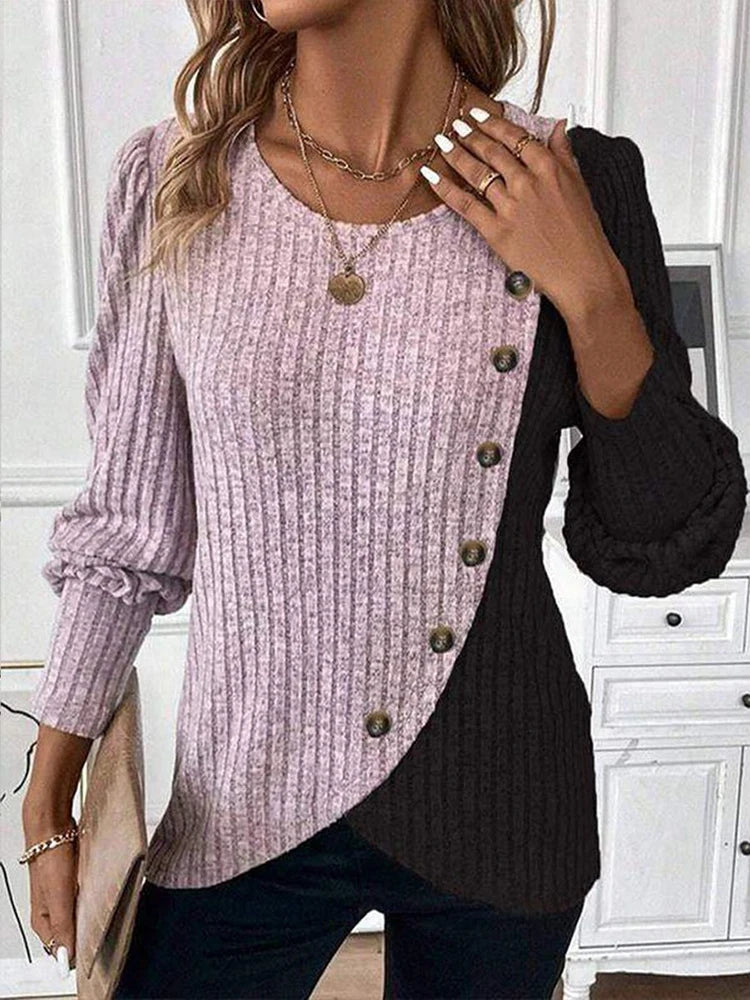 Long Sleeve Buttons Pit Striped Women Sweaters Contrast Color  O-Neck Pullovers Loose Simple Knitted Clothing