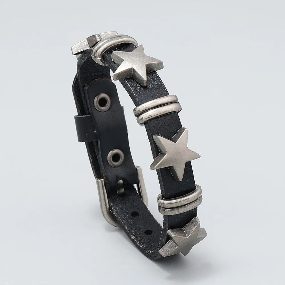 Punk Hip Hop Rock PU Leather Bracelet Unisex Trendy Chain Skull Pentagram Rivet Bracelet