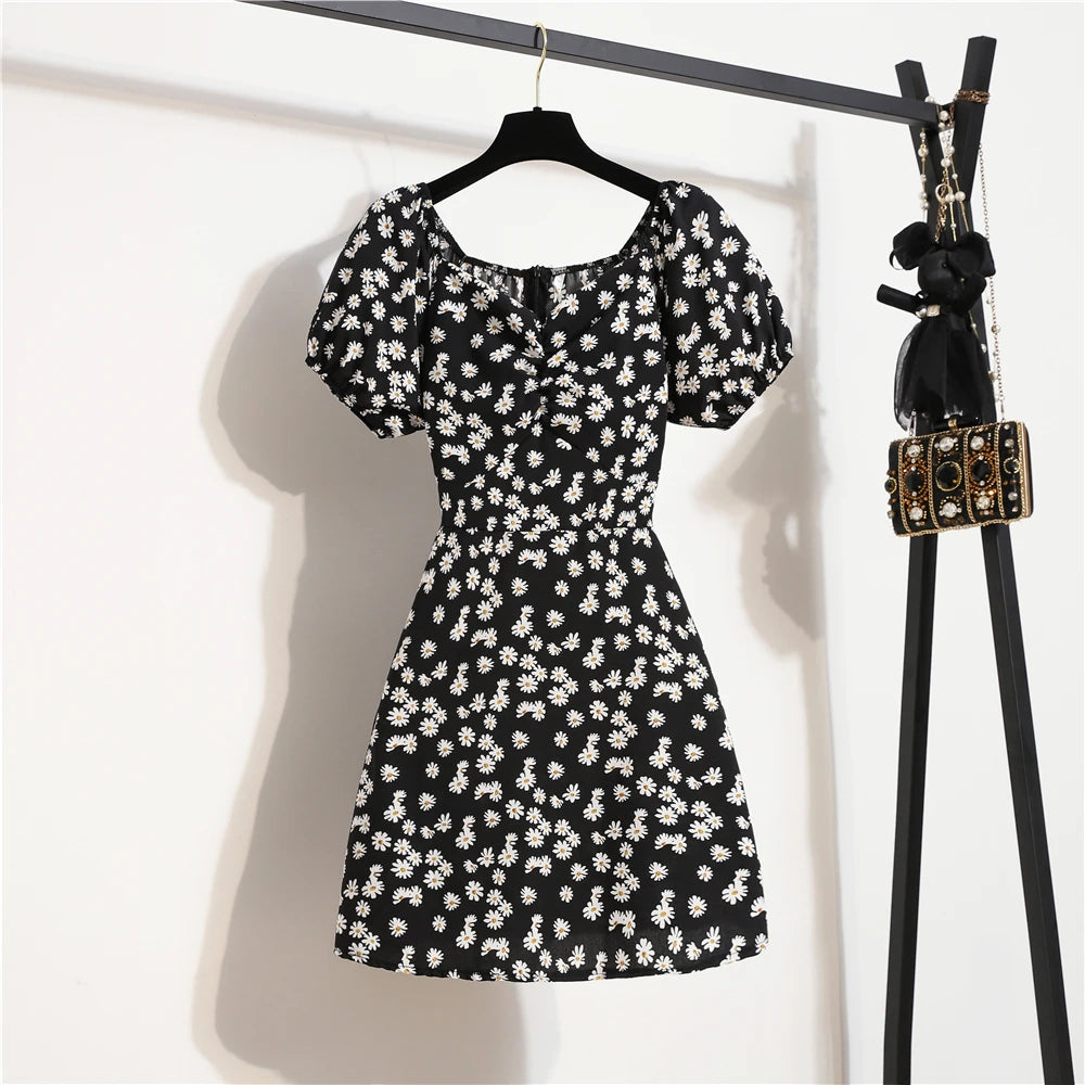 Women's Mini Dress Summer Fashion Female  Print Floral Chiffon Dresses Shirring Pleated Short Puffy Sleeve Casual Dress
