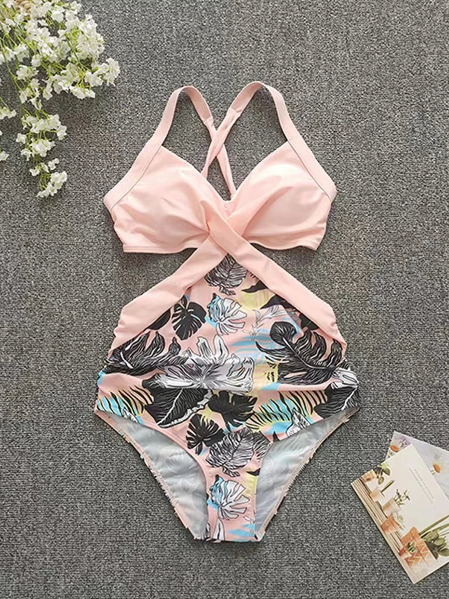 Solid Printed Swimwear Women Halter One Piece Swimsuit Female Swimming Monokini Suit Padded Beachwear