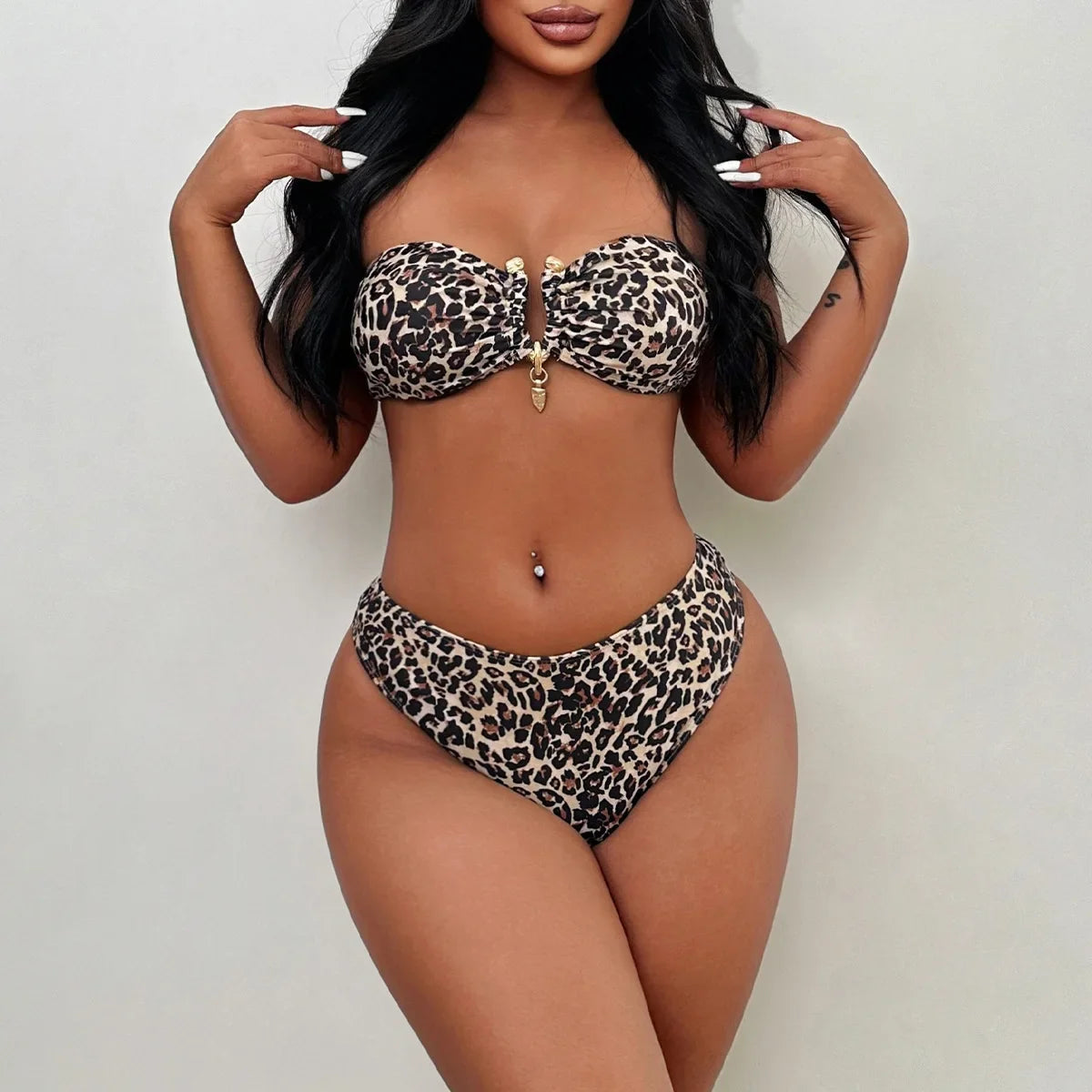 Sexy Leopard Print Two Piece Swimsuit for Women Strapless Backless Bikini Set