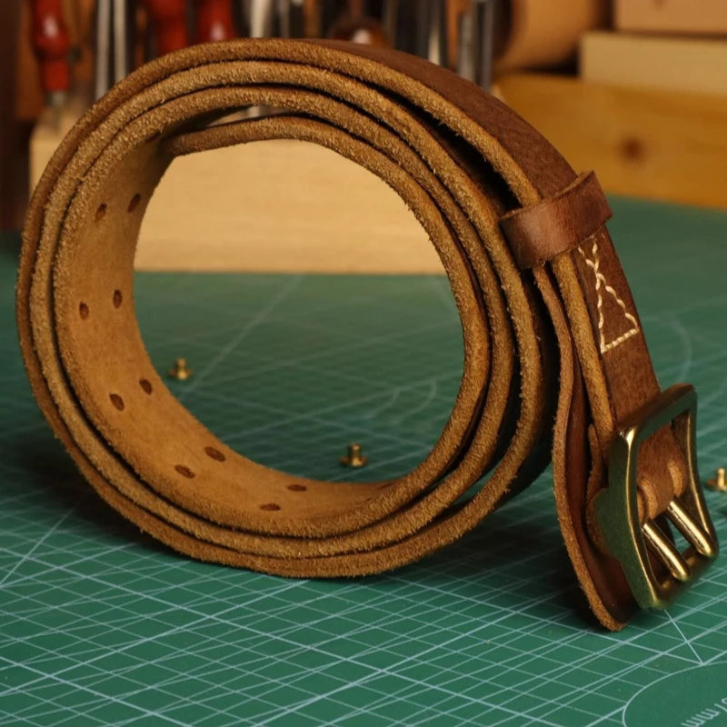 Original Handmade Double-needle Buckle Belt Washed  Genuine Leather