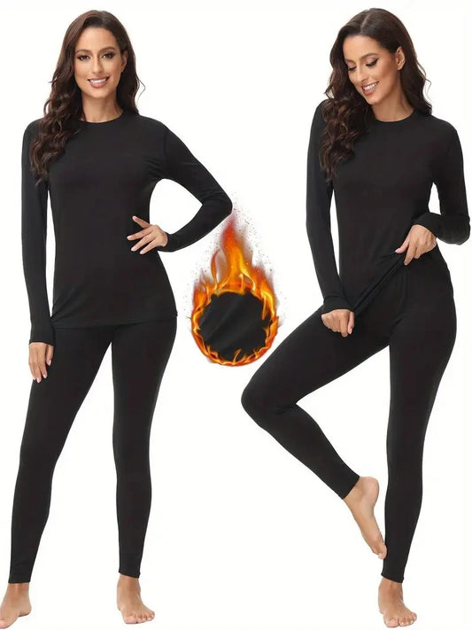 Round neck women's thermal underwear with fleece thermal underwear 2-piece se
