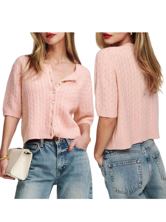 Elegant Women's Cashmere Cardigan with V-Neckline and Ribbed Trim Lightweight Button Down Short Sleeve Sweater