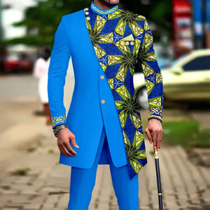African Style Suits for Men Embroidery Print Blazer and Pants Set Business Dress Suit with Kerchief Party Wedding Evening