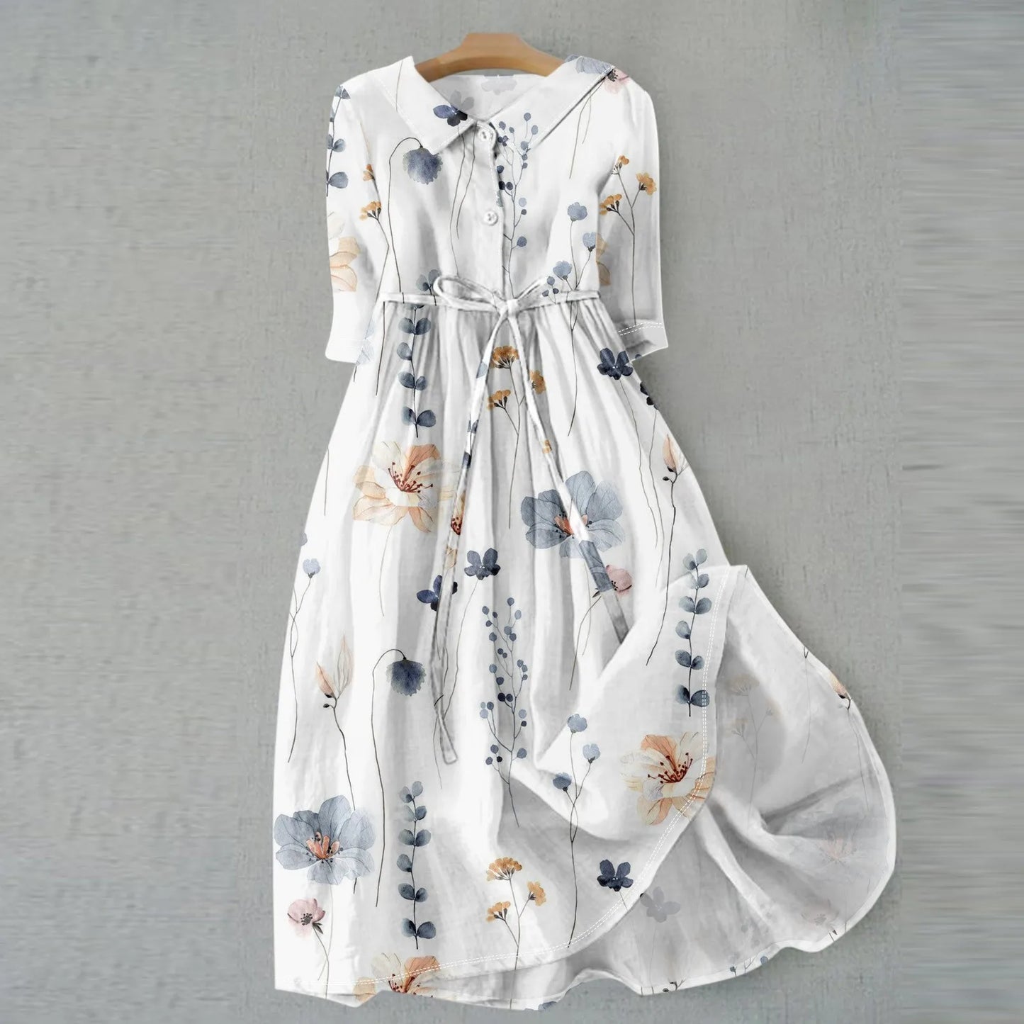 Floral Elegant  Lapel Button Evening Party Dresses Three Quarter Sleeves Formal Wear Mid-Calf  Summer Dress