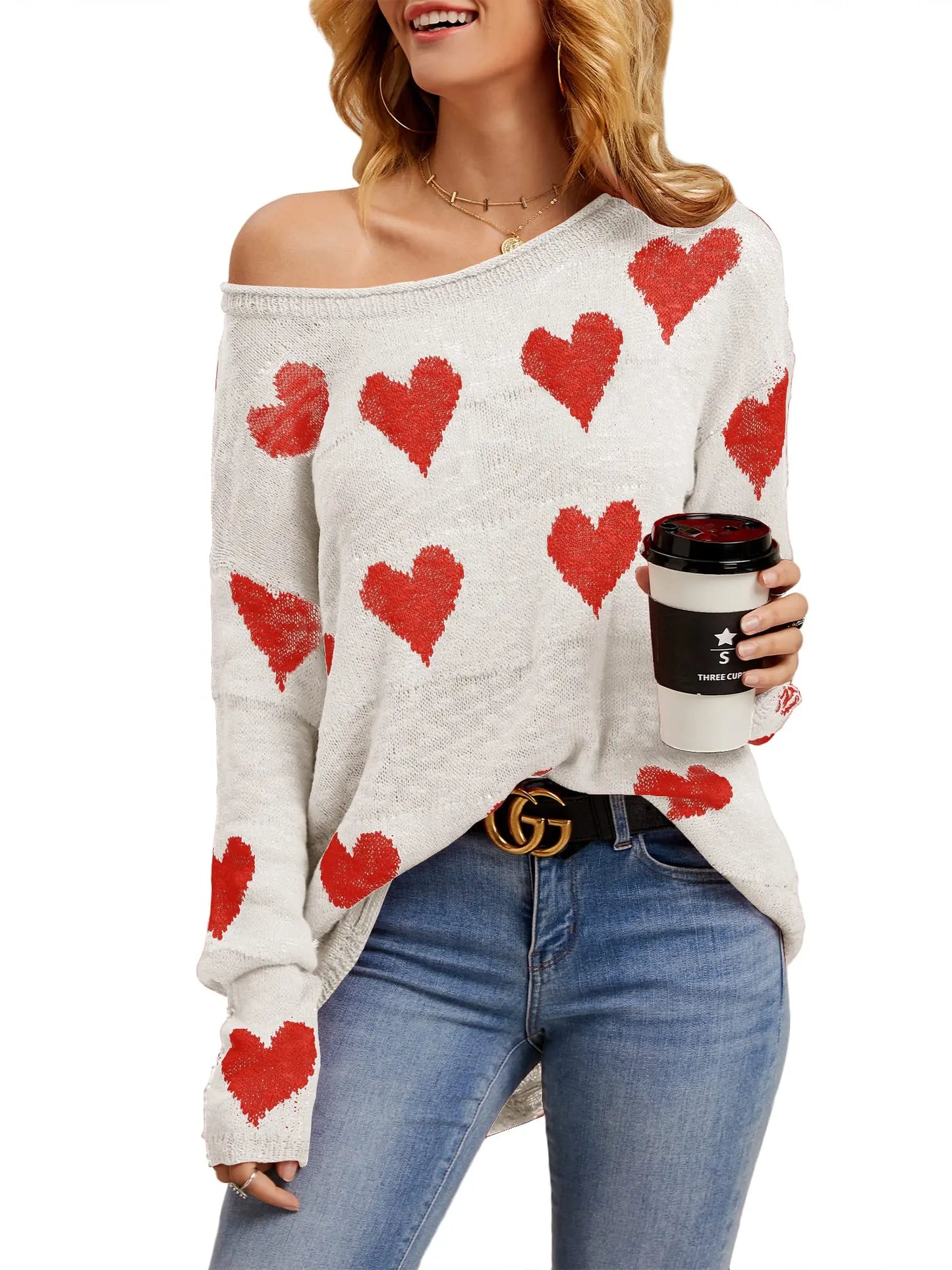 Cute Heart Print Sweaters Oversized Off The Shoulder Loose Knitted  Pullover