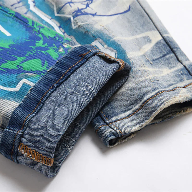 Print Jeans Streetwear Letters Lightning Painted Stretch Denim Pants Vintage Blue Ripped Button Fly Slim Tapered Trousers