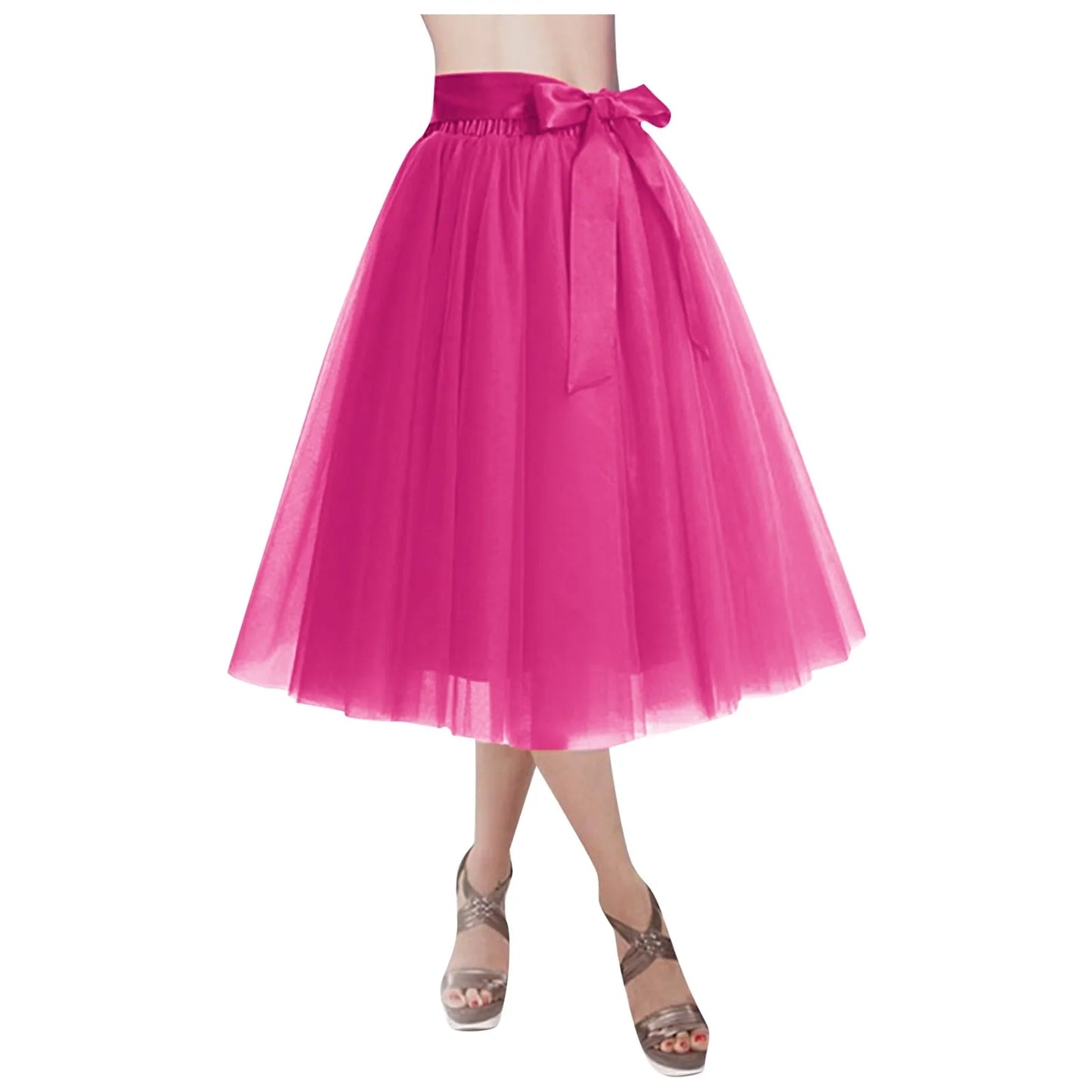 Women's Knee Length Mesh  Skirt Solid Color Elegant Elastic High Waist A-Line Petticoat