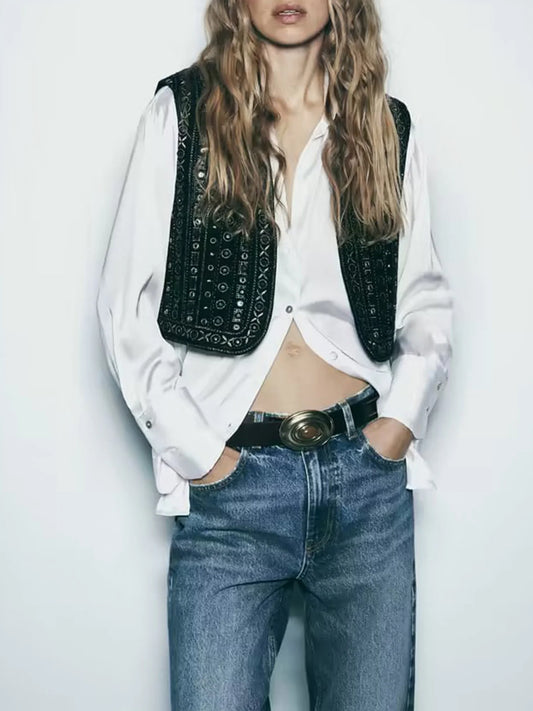 Elegant Floral Embroidered Sleeveless Vest Jacket  Stylish Open Front