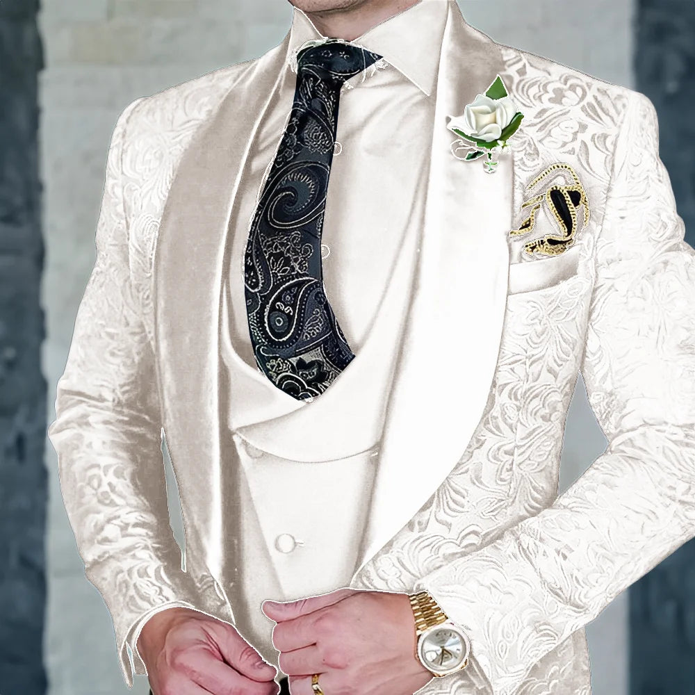 Jacquard Men's 3-piece Suit Set Formal Party Dress Groom's Tuxedo High Quality Elegant Men's Customized Outfit