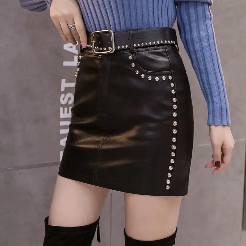 Beading  Leather Skirt Autumn Winter  High Waist