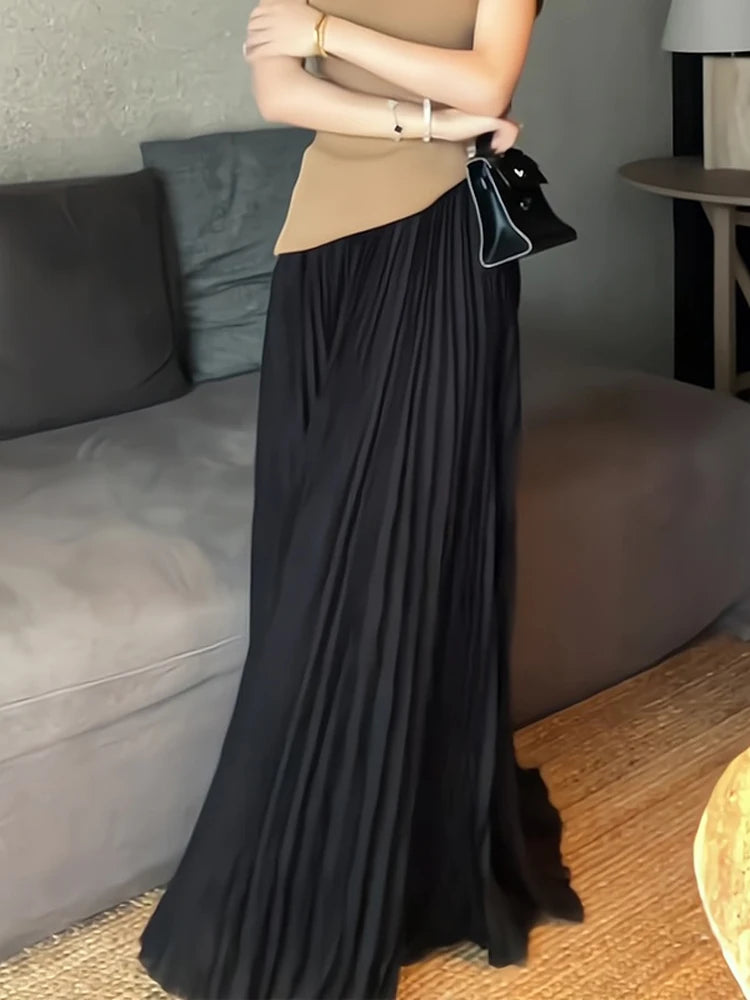 Elegant Pleated Skirt High Waist Women's Long Skirt Ladies High Quality Midi Skirt