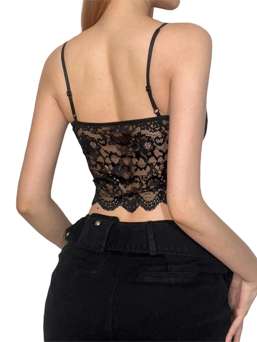 Elegant Floral Lace Sleeveless Camisole with Sheer Slit Detail  Bralette for Nightclub Party or Date Night