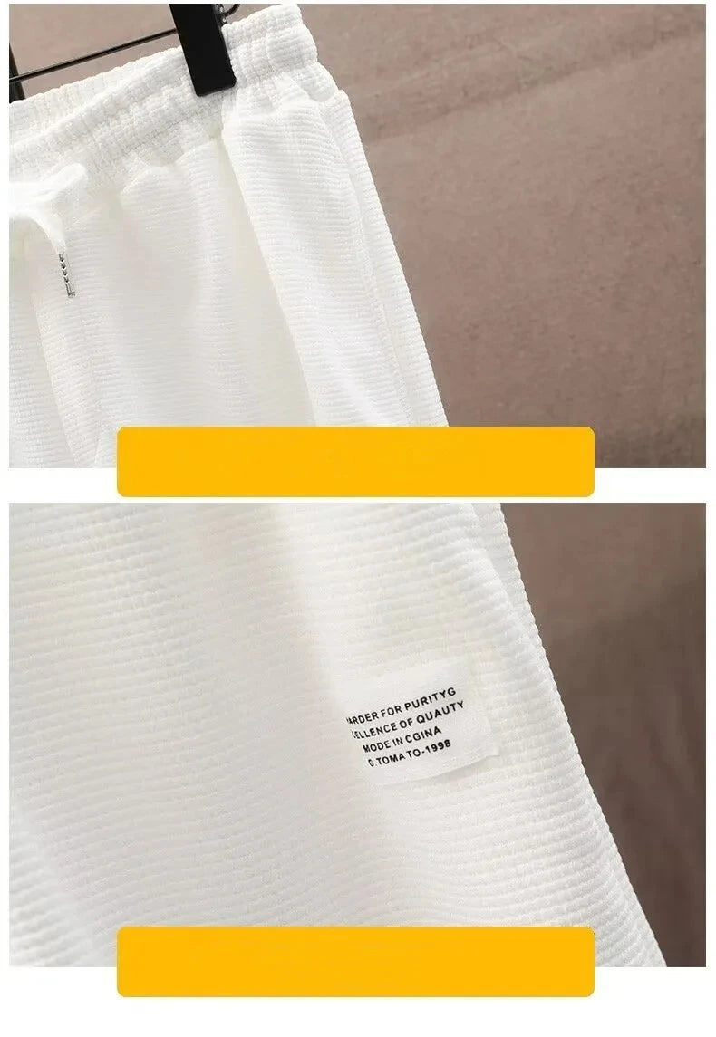 Summer Trend Loose Solid Color Breathable Men's Cotton Casual Short-sleeved Drawstring Pants Two-piece T-shirt Set
