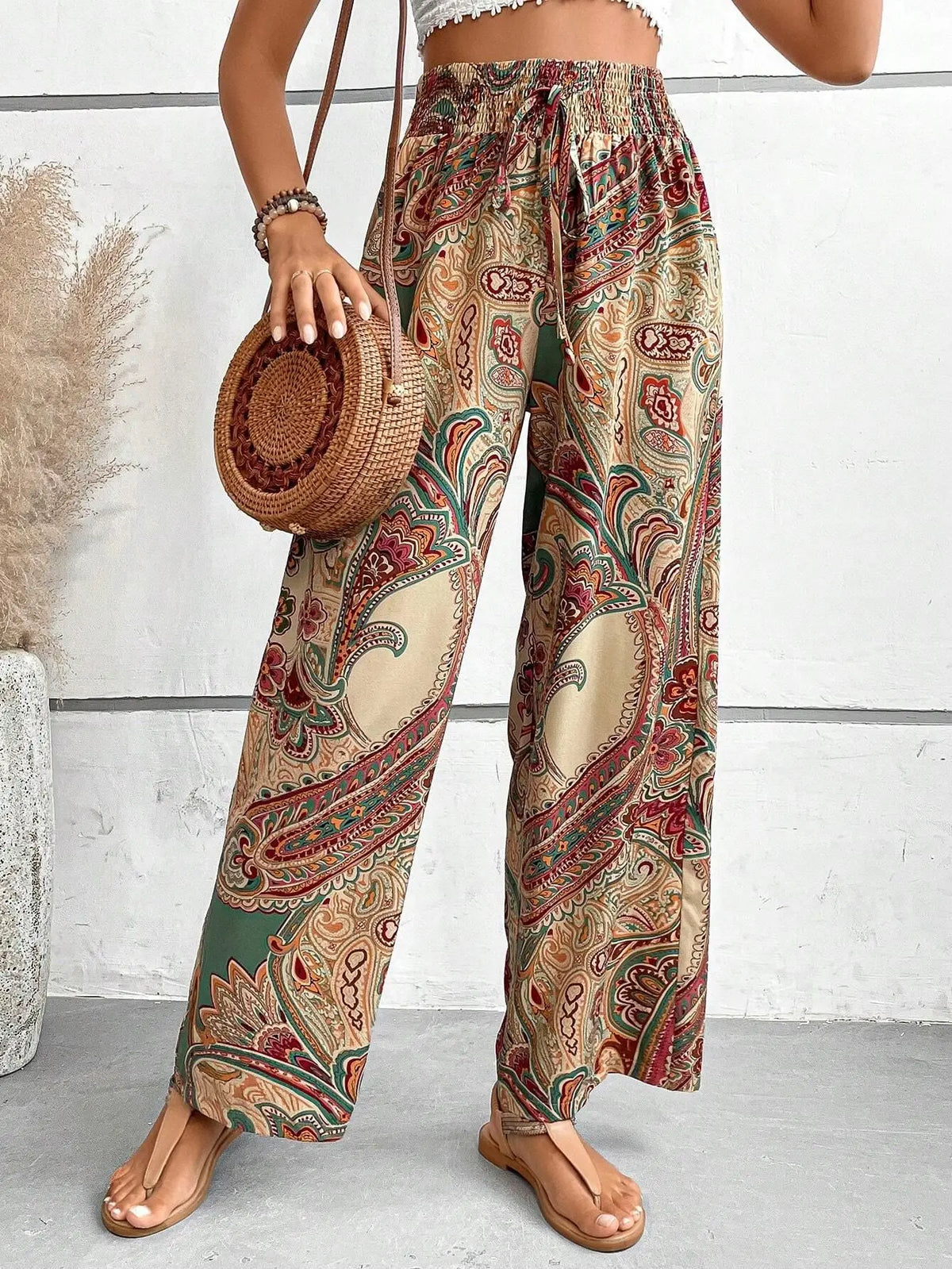 Summer Printing Wide Leg Pants for Women Straight Trouser  Fashion Elastic Waist Versatile Breathable