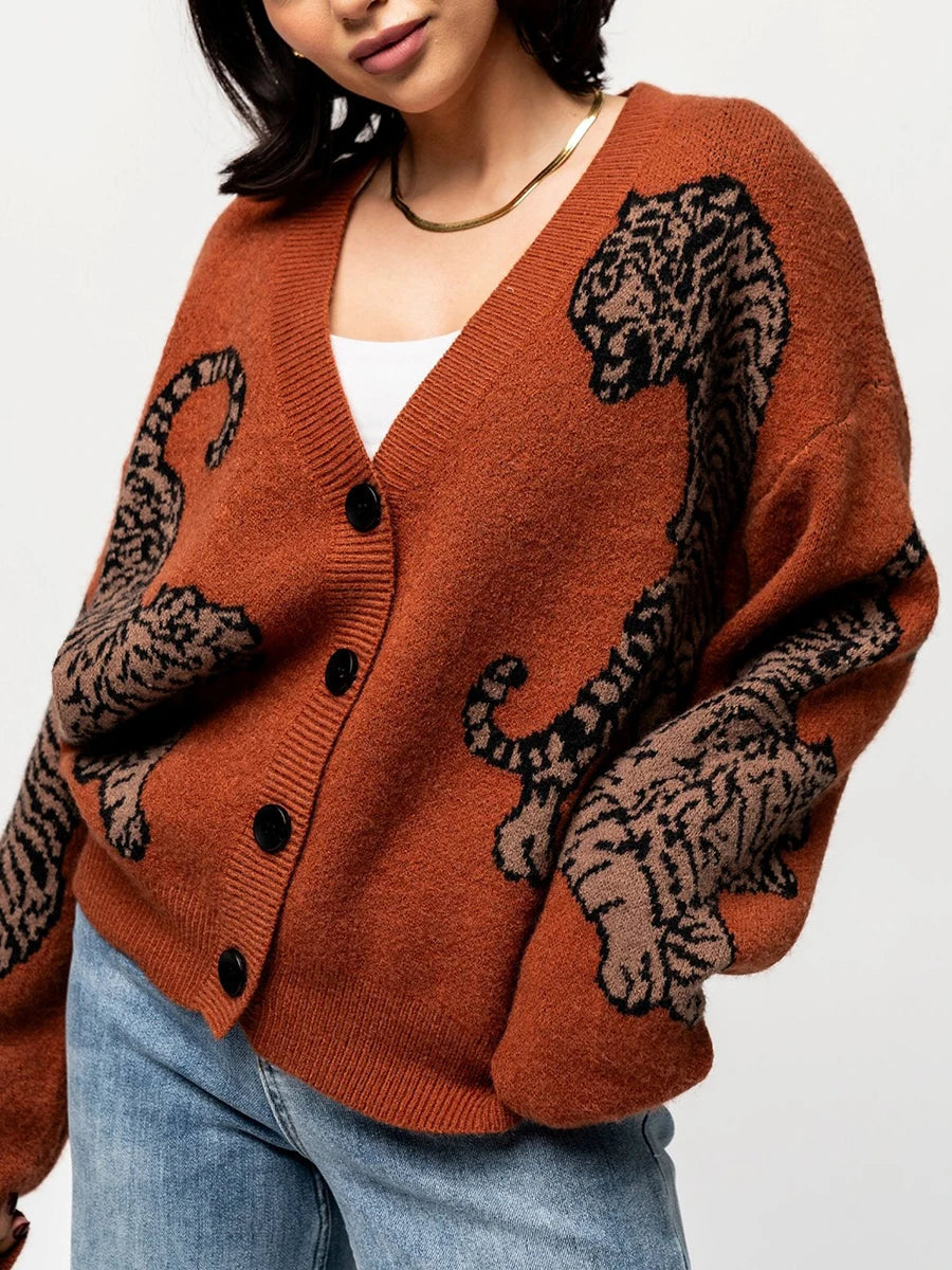 Women s Casual Lightweight Button Up Sweaters with Tiger Print Long Sleeves Warm Knitwear for Fall Streetwear Fashion