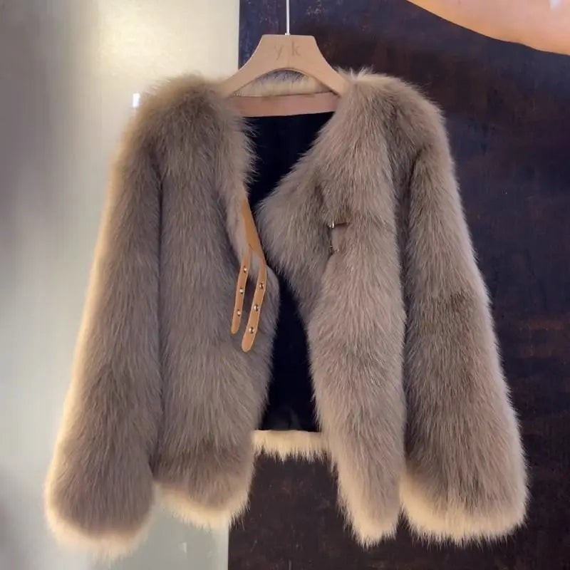 Imitation Fox Fur Coat Short Autumn/Winter Small Fragrant Wind Leather Button Jacket