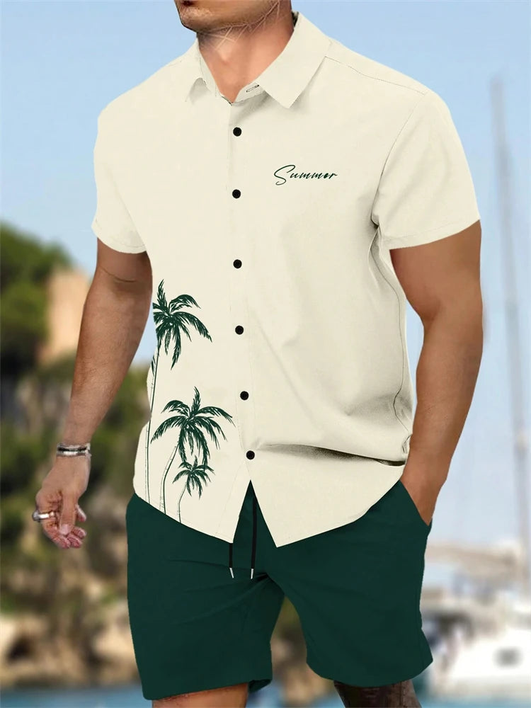 Summer  Men's Short Sleeve Shirt and Shorts 2 Piece Set Fashion Coconut Tree Print Lapel Shirt Beach Drawstring Shorts Set