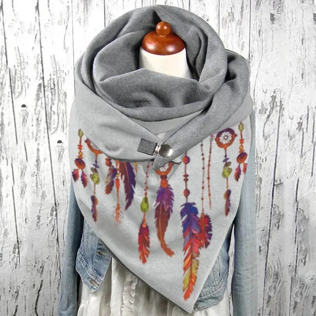 Winter Women's Floral Print Thick Warm Scarf – Windproof Double-Layer Buttoned Wrap