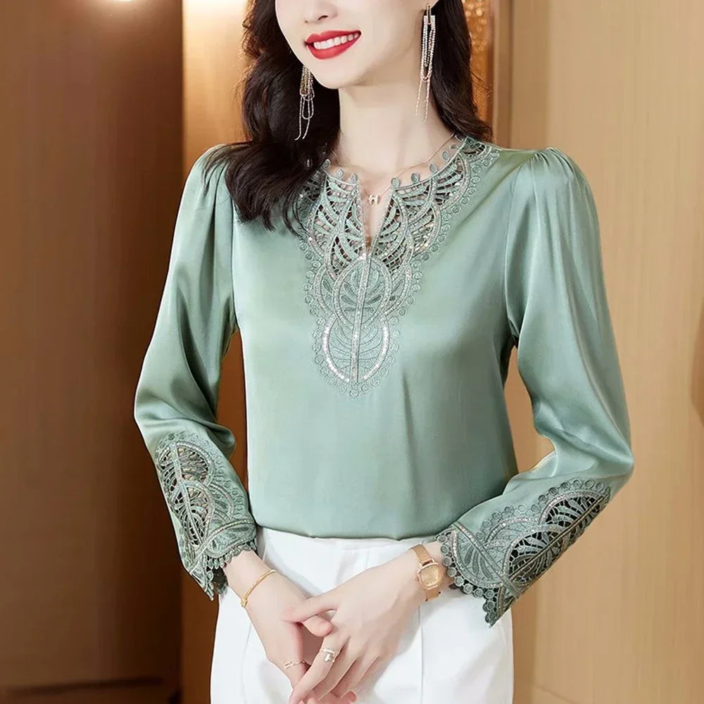 Silk Blouse Long Sleeve Embroidery Shirts