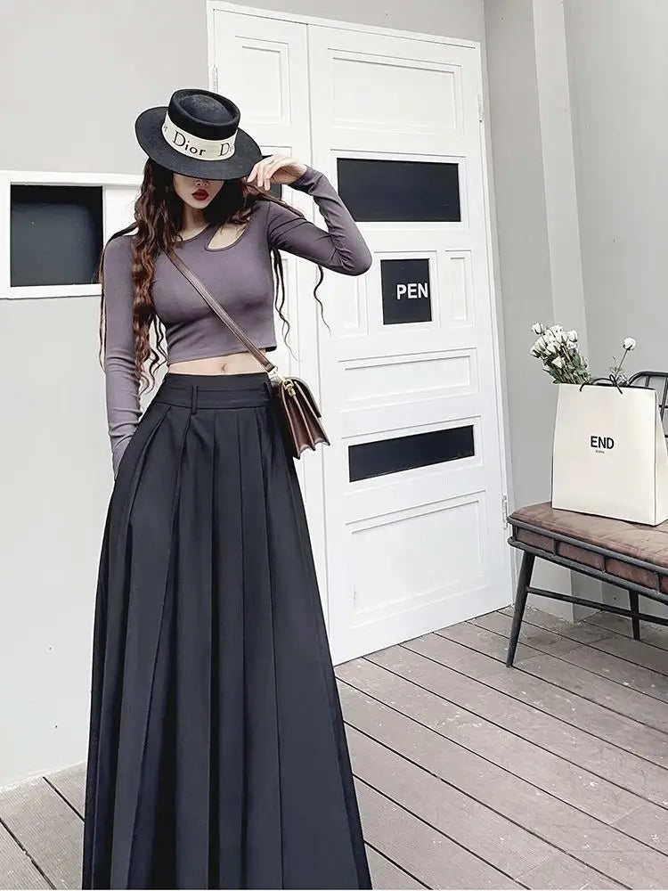 A Pleated  Large Hem  Retro Low Waisted Casual  Ankle Length Skirt