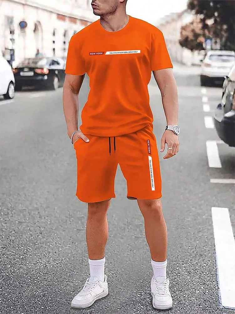 Urban street fashion trend men's crew neck short sleeve suit outdoor simple crew neck top casual and comfortable shorts