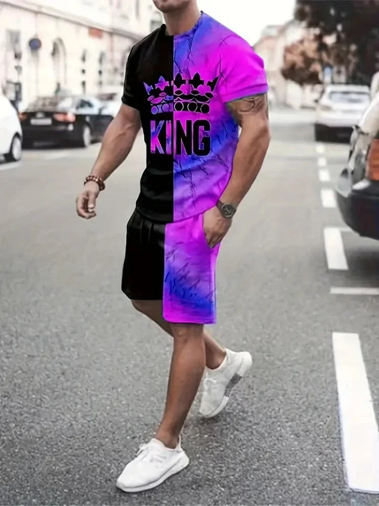 Hip Hop Style Personality Cartoon 3D Printed Men's Round Neck Short Sleeve 2 piece Fashionable Street Sports All-match Men's Suit